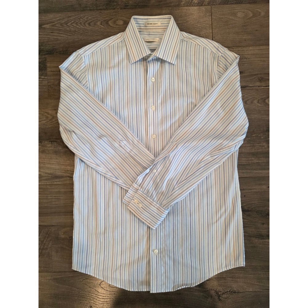 Men sz 15 32/33 Kenneth Cole New York Slim Fit Non Iron Striped Dress Shirt Blue